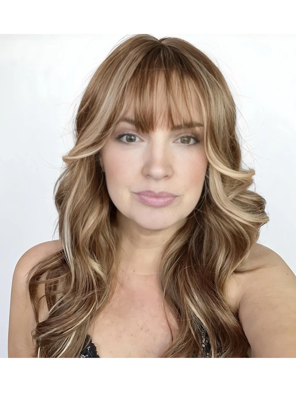 24” layered wig with bangs - warm honey/medium brown, blonde highlights